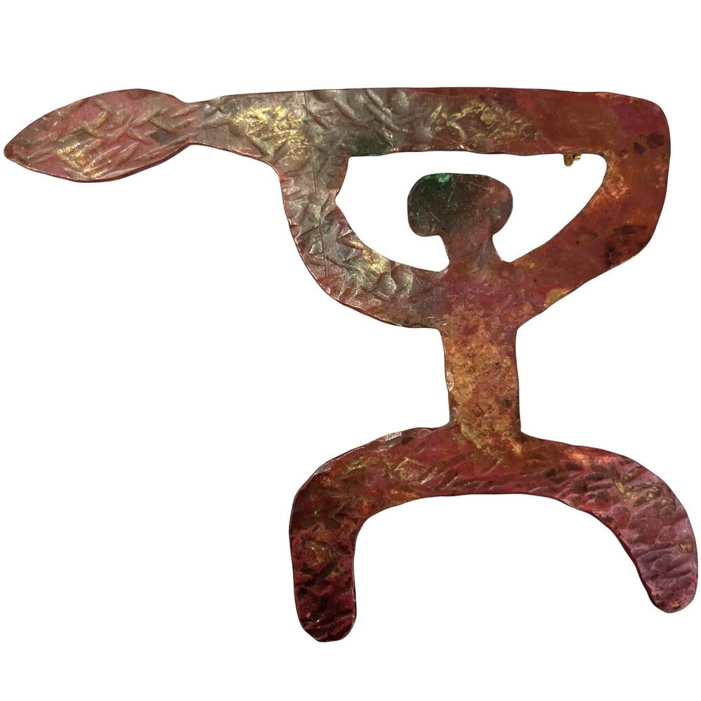 VTG 60s Primitivist Copper Figural Modernist Brooch Hammered Studio Pin